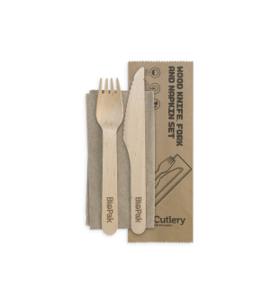 Cutlery Pack Wooden Knife, Fork & Napkin - BioPak